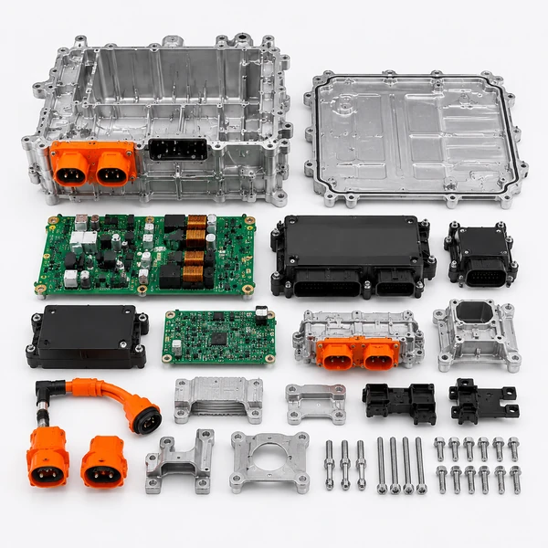 Disassembled EV electronic control system components