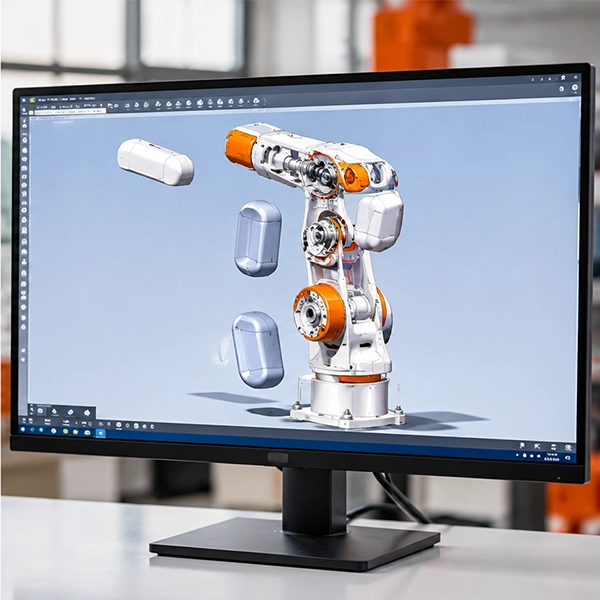 Robot assembly visualization software showing a 3D exploded-view robot model
